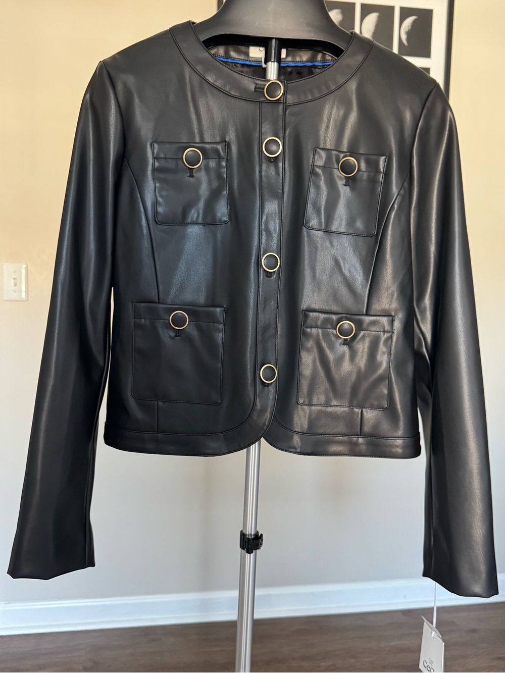 Ce Ce Black Faux Leather Ring-Button Jacket